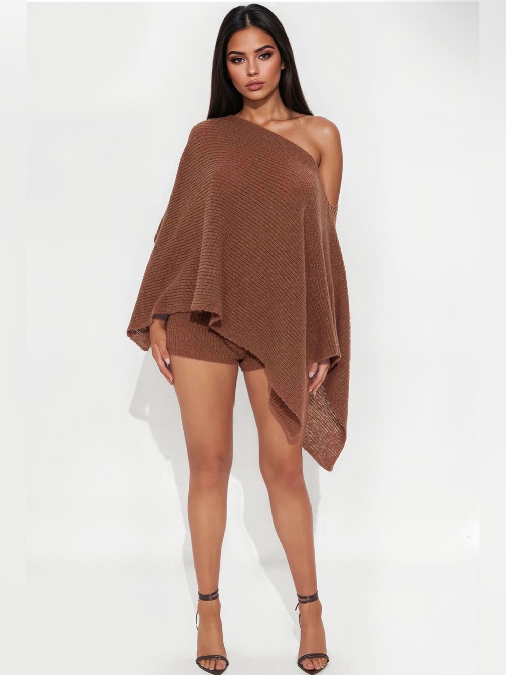 Fashion Nova One-Shoulder Knit Poncho Dress in Brown